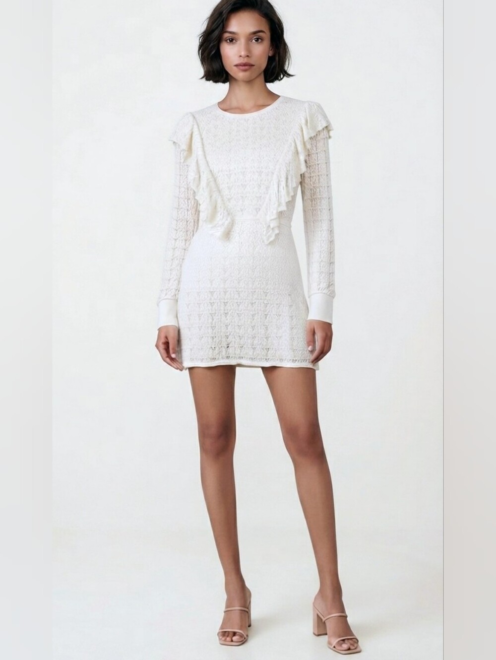 NWT ZARA Cream Pointelle Knit Ruffle Long Sleeve Mini Dress Lined | Size S Small
